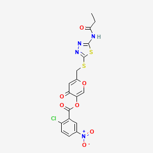 molecular formula C18H13ClN4O7S2 B2888424 4-oxo-6-(((5-propionamido-1,3,4-thiadiazol-2-yl)thio)methyl)-4H-pyran-3-yl 2-chloro-5-nitrobenzoate CAS No. 896019-47-9