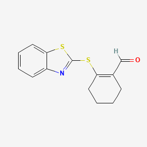 molecular formula C14H13NOS2 B2888448 2-(1,3-Benzothiazol-2-ylsulfanyl)cyclohexene-1-carbaldehyde CAS No. 305343-16-2