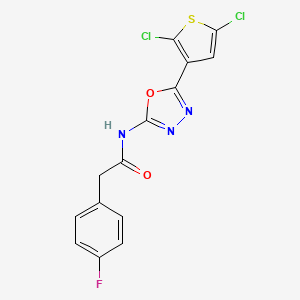 molecular formula C14H8Cl2FN3O2S B2888464 N-(5-(2,5-二氯噻吩-3-基)-1,3,4-恶二唑-2-基)-2-(4-氟苯基)乙酰胺 CAS No. 1171906-91-4