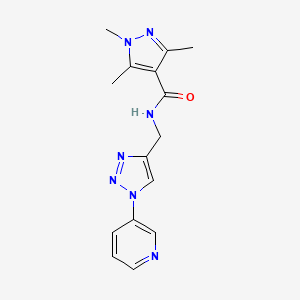 molecular formula C15H17N7O B2888466 1,3,5-trimethyl-N-((1-(pyridin-3-yl)-1H-1,2,3-triazol-4-yl)methyl)-1H-pyrazole-4-carboxamide CAS No. 2034612-10-5