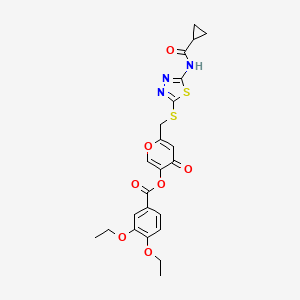 molecular formula C23H23N3O7S2 B2888614 6-(((5-(cyclopropanecarboxamido)-1,3,4-thiadiazol-2-yl)thio)methyl)-4-oxo-4H-pyran-3-yl 3,4-diethoxybenzoate CAS No. 877651-05-3