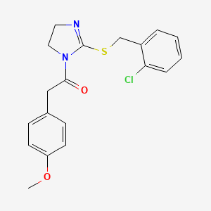molecular formula C19H19ClN2O2S B2888626 1-[2-[(2-Chlorophenyl)methylsulfanyl]-4,5-dihydroimidazol-1-yl]-2-(4-methoxyphenyl)ethanone CAS No. 851804-08-5