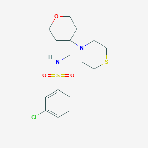 molecular formula C17H25ClN2O3S2 B2888636 3-Chloro-4-methyl-N-[(4-thiomorpholin-4-yloxan-4-yl)methyl]benzenesulfonamide CAS No. 2415519-28-5