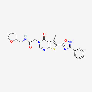 2-(5-methyl-4-oxo-6-(3-phenyl-1,2,4-oxadiazol-5-yl)thieno[2,3-d]pyrimidin-3(4H)-yl)-N-((tetrahydrofuran-2-yl)methyl)acetamide