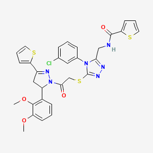 molecular formula C31H27ClN6O4S3 B2888735 N-[[4-(3-chlorophenyl)-5-[2-[3-(2,3-dimethoxyphenyl)-5-thiophen-2-yl-3,4-dihydropyrazol-2-yl]-2-oxoethyl]sulfanyl-1,2,4-triazol-3-yl]methyl]thiophene-2-carboxamide CAS No. 362507-73-1