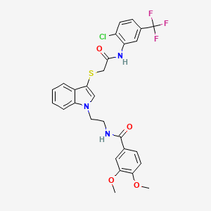 molecular formula C28H25ClF3N3O4S B2888847 N-(2-(3-((2-((2-chloro-5-(trifluoromethyl)phenyl)amino)-2-oxoethyl)thio)-1H-indol-1-yl)ethyl)-3,4-dimethoxybenzamide CAS No. 497073-48-0