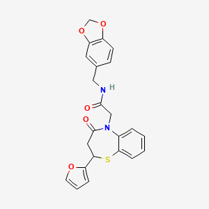 molecular formula C23H20N2O5S B2888868 N-(1,3-benzodioxol-5-ylmethyl)-2-[2-(2-furyl)-4-oxo-3,4-dihydro-1,5-benzothiazepin-5(2H)-yl]acetamide CAS No. 863005-23-6