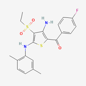 molecular formula C21H21FN2O3S2 B2888913 (3-氨基-5-((2,5-二甲苯基)氨基)-4-(乙磺酰基)噻吩-2-基)(4-氟苯基)甲酮 CAS No. 890792-16-2