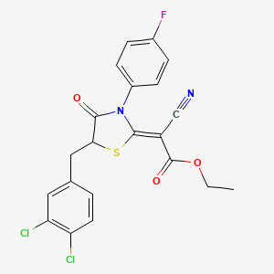 molecular formula C21H15Cl2FN2O3S B2888936 (Z)-ethyl 2-cyano-2-(5-(3,4-dichlorobenzyl)-3-(4-fluorophenyl)-4-oxothiazolidin-2-ylidene)acetate CAS No. 786678-02-2