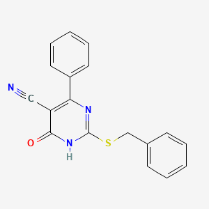molecular formula C18H13N3OS B2888946 2-(Benzylsulfanyl)-4-hydroxy-6-phenyl-5-pyrimidinecarbonitrile CAS No. 126277-91-6