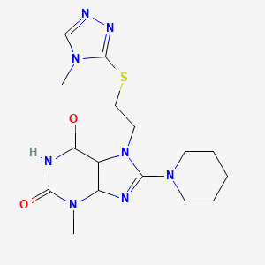 molecular formula C16H22N8O2S B2889007 3-methyl-7-(2-((4-methyl-4H-1,2,4-triazol-3-yl)thio)ethyl)-8-(piperidin-1-yl)-1H-purine-2,6(3H,7H)-dione CAS No. 685860-39-3