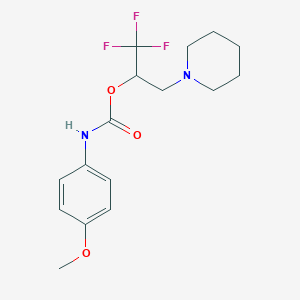 molecular formula C16H21F3N2O3 B2889040 2,2,2-三氟-1-(哌啶甲基)乙基 N-(4-甲氧基苯基)氨基甲酸酯 CAS No. 477848-26-3