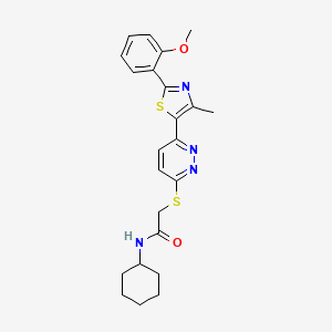 molecular formula C23H26N4O2S2 B2889074 N-cyclohexyl-2-((6-(2-(2-methoxyphenyl)-4-methylthiazol-5-yl)pyridazin-3-yl)thio)acetamide CAS No. 955259-56-0