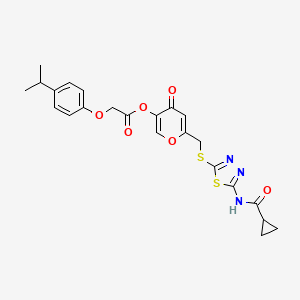 molecular formula C23H23N3O6S2 B2889148 6-(((5-(cyclopropanecarboxamido)-1,3,4-thiadiazol-2-yl)thio)methyl)-4-oxo-4H-pyran-3-yl 2-(4-isopropylphenoxy)acetate CAS No. 896009-42-0