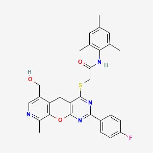 molecular formula C29H27FN4O3S B2889185 2-((2-(4-fluorophenyl)-6-(hydroxymethyl)-9-methyl-5H-pyrido[4',3':5,6]pyrano[2,3-d]pyrimidin-4-yl)thio)-N-mesitylacetamide CAS No. 892385-39-6