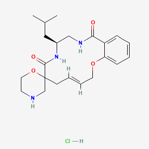 molecular formula C22H32ClN3O4 B2889247 (4E,10S)-10-(2-Methylpropyl)spiro[2-oxa-9,12-diazabicyclo[12.4.0]octadeca-1(18),4,14,16-tetraene-7,2'-morpholine]-8,13-dione;hydrochloride CAS No. 2241117-66-6