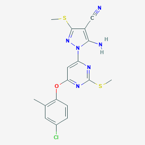 molecular formula C17H15ClN6OS2 B288927 5-amino-1-[6-(4-chloro-2-methylphenoxy)-2-(methylsulfanyl)pyrimidin-4-yl]-3-(methylsulfanyl)-1H-pyrazole-4-carbonitrile 