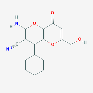 molecular formula C16H18N2O4 B2889278 2-Amino-4-cyclohexyl-6-(hydroxymethyl)-8-oxo-4,8-dihydropyrano[3,2-b]pyran-3-carbonitrile CAS No. 860648-68-6