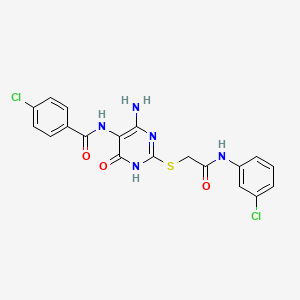 molecular formula C19H15Cl2N5O3S B2889280 N-(4-amino-2-((2-((3-chlorophenyl)amino)-2-oxoethyl)thio)-6-oxo-1,6-dihydropyrimidin-5-yl)-4-chlorobenzamide CAS No. 888439-04-1