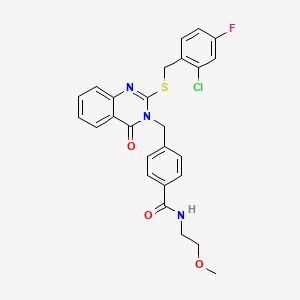 molecular formula C26H23ClFN3O3S B2889285 4-((2-((2-chloro-4-fluorobenzyl)thio)-4-oxoquinazolin-3(4H)-yl)methyl)-N-(2-methoxyethyl)benzamide CAS No. 1115360-61-6