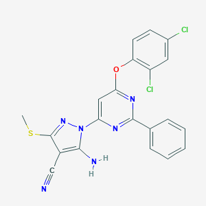 molecular formula C21H14Cl2N6OS B288929 5-amino-1-[6-(2,4-dichlorophenoxy)-2-phenyl-4-pyrimidinyl]-3-(methylsulfanyl)-1H-pyrazole-4-carbonitrile 