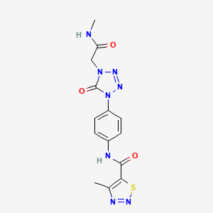 molecular formula C14H14N8O3S B2889311 4-甲基-N-(4-(4-(2-(甲基氨基)-2-氧代乙基)-5-氧代-4,5-二氢-1H-四唑-1-基)苯基)-1,2,3-噻二唑-5-甲酰胺 CAS No. 1396783-38-2