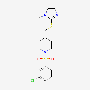 molecular formula C16H20ClN3O2S2 B2889335 1-((3-chlorophenyl)sulfonyl)-4-(((1-methyl-1H-imidazol-2-yl)thio)methyl)piperidine CAS No. 1428378-74-8