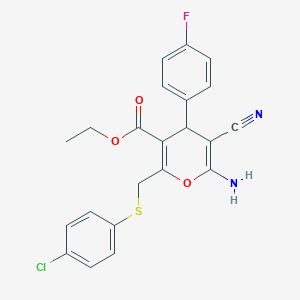 molecular formula C22H18ClFN2O3S B2889393 ethyl 6-amino-2-{[(4-chlorophenyl)sulfanyl]methyl}-5-cyano-4-(4-fluorophenyl)-4H-pyran-3-carboxylate CAS No. 478260-23-0