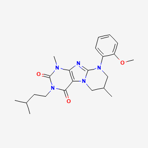 molecular formula C22H29N5O3 B2889400 3-异戊基-9-(2-甲氧基苯基)-1,7-二甲基-6,7,8,9-四氢嘧啶并[2,1-f]嘌呤-2,4(1H,3H)-二酮 CAS No. 877617-27-1
