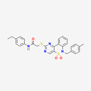 molecular formula C28H26N4O3S2 B2889404 N-(4-ethylphenyl)-2-{[6-(4-methylbenzyl)-5,5-dioxido-6H-pyrimido[5,4-c][2,1]benzothiazin-2-yl]thio}acetamide CAS No. 1115570-39-2