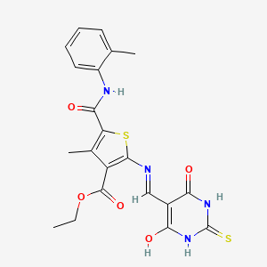 molecular formula C21H20N4O5S2 B2889413 ethyl 2-(((4,6-dioxo-2-thioxotetrahydropyrimidin-5(2H)-ylidene)methyl)amino)-4-methyl-5-(o-tolylcarbamoyl)thiophene-3-carboxylate CAS No. 1021263-03-5