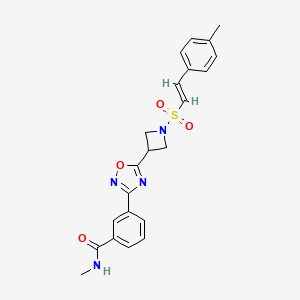 molecular formula C22H22N4O4S B2889427 (E)-N-甲基-3-(5-(1-((4-甲基苯乙烯基)磺酰基)氮杂环丁-3-基)-1,2,4-恶二唑-3-基)苯甲酰胺 CAS No. 1396893-29-0