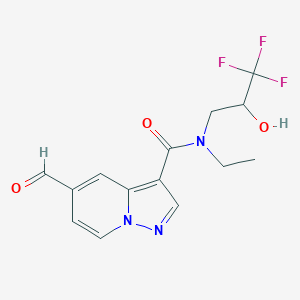 molecular formula C14H14F3N3O3 B2889455 N-Ethyl-5-formyl-N-(3,3,3-trifluoro-2-hydroxypropyl)pyrazolo[1,5-A]pyridine-3-carboxamide CAS No. 2128709-65-7