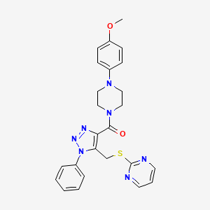 molecular formula C25H25N7O2S B2889467 (4-(4-methoxyphenyl)piperazin-1-yl)(1-phenyl-5-((pyrimidin-2-ylthio)methyl)-1H-1,2,3-triazol-4-yl)methanone CAS No. 1105209-08-2