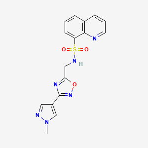 molecular formula C16H14N6O3S B2889468 N-((3-(1-methyl-1H-pyrazol-4-yl)-1,2,4-oxadiazol-5-yl)methyl)quinoline-8-sulfonamide CAS No. 2034515-08-5