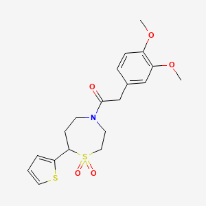 molecular formula C19H23NO5S2 B2889566 2-(3,4-二甲氧基苯基)-1-(1,1-二氧化-7-(噻吩-2-基)-1,4-噻氮杂环-4-基)乙酮 CAS No. 2034459-96-4