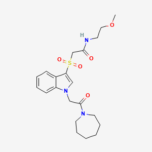 molecular formula C21H29N3O5S B2889630 2-((1-(2-(氮杂环-1-基)-2-氧代乙基)-1H-吲哚-3-基)磺酰基)-N-(2-甲氧基乙基)乙酰胺 CAS No. 878061-11-1