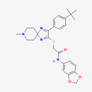 molecular formula C27H32N4O3S B2889633 N-1,3-苯并二氧杂环-5-基-2-{[3-(4-叔丁基苯基)-8-甲基-1,4,8-三氮杂螺[4.5]癸-1,3-二烯-2-基]硫代}乙酰胺 CAS No. 1189700-07-9