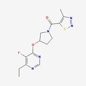 molecular formula C14H16FN5O2S B2889663 (3-((6-Ethyl-5-fluoropyrimidin-4-yl)oxy)pyrrolidin-1-yl)(4-methyl-1,2,3-thiadiazol-5-yl)methanone CAS No. 2034574-23-5