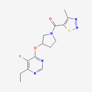 molecular formula C14H16FN5O2S B2889663 (3-((6-乙基-5-氟嘧啶-4-基)氧代)吡咯烷-1-基)(4-甲基-1,2,3-噻二唑-5-基)甲酮 CAS No. 2034574-23-5