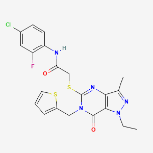 molecular formula C21H19ClFN5O2S2 B2889667 N-(4-chloro-2-fluorophenyl)-2-((1-ethyl-3-methyl-7-oxo-6-(thiophen-2-ylmethyl)-6,7-dihydro-1H-pyrazolo[4,3-d]pyrimidin-5-yl)thio)acetamide CAS No. 1358527-40-8