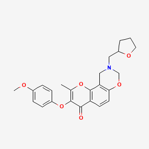 molecular formula C24H25NO6 B2889698 3-(4-methoxyphenoxy)-2-methyl-9-((tetrahydrofuran-2-yl)methyl)-9,10-dihydrochromeno[8,7-e][1,3]oxazin-4(8H)-one CAS No. 946293-89-6