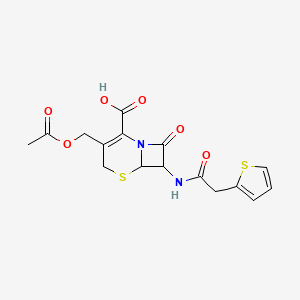 molecular formula C16H16N2O6S2 B2889832 3-[(Acetyloxy)methyl]-8-oxo-7-[(thiophen-2-ylacetyl)amino]-5-thia-1-azabicyclo[4.2.0]oct-2-ene-2-carboxylic acid CAS No. 481649-28-9