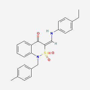 molecular formula C25H24N2O3S B2889875 (3E)-3-{[(4-ethylphenyl)amino]methylene}-1-(4-methylbenzyl)-1H-2,1-benzothiazin-4(3H)-one 2,2-dioxide CAS No. 893311-97-2