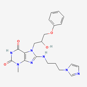 molecular formula C21H25N7O4 B2889928 8-((3-(1H-咪唑-1-基)丙基)氨基)-7-(2-羟基-3-苯氧基丙基)-3-甲基-1H-嘌呤-2,6(3H,7H)-二酮 CAS No. 510717-29-0