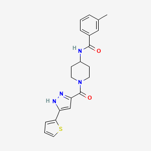 molecular formula C21H22N4O2S B2889959 3-methyl-N-(1-(3-(thiophen-2-yl)-1H-pyrazole-5-carbonyl)piperidin-4-yl)benzamide CAS No. 1322721-02-7