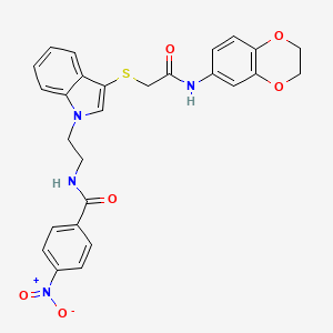 N-[2-[3-[2-(2,3-dihydro-1,4-benzodioxin-6-ylamino)-2-oxoethyl]sulfanylindol-1-yl]ethyl]-4-nitrobenzamide