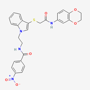 molecular formula C27H24N4O6S B2889995 N-[2-[3-[2-(2,3-dihydro-1,4-benzodioxin-6-ylamino)-2-oxoethyl]sulfanylindol-1-yl]ethyl]-4-nitrobenzamide CAS No. 532973-68-5