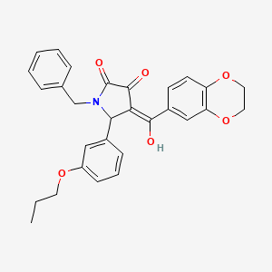 molecular formula C29H27NO6 B2890001 (4E)-1-benzyl-4-[2,3-dihydro-1,4-benzodioxin-6-yl(hydroxy)methylidene]-5-(3-propoxyphenyl)pyrrolidine-2,3-dione CAS No. 577964-32-0