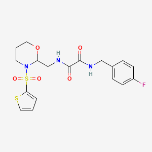 molecular formula C18H20FN3O5S2 B2890010 N1-(4-fluorobenzyl)-N2-((3-(thiophen-2-ylsulfonyl)-1,3-oxazinan-2-yl)methyl)oxalamide CAS No. 869072-06-0